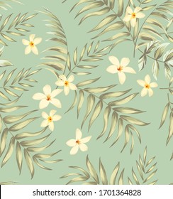 	
Seamless hand drawn exotic vector pattern with green palm leaves and hibiscus flower. Tropical summer illustration.