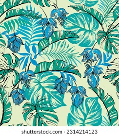 Seamless hand drawn  exotic vector pattern with green palm leaves and hibiscus flower.