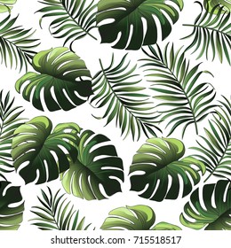 Seamless hand drawn  exotic vector pattern with green palm leaves and hibiscus flower.