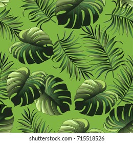 Seamless hand drawn  exotic vector pattern with green palm leaves.