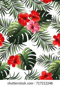 Seamless hand drawn  exotic vector pattern with green palm leaves and hibiscus flower.