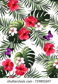 Seamless hand drawn  exotic vector pattern with green palm leaves and hibiscus flower.