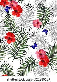 Seamless hand drawn  exotic vector pattern with butterfly, green palm leaves and hibiscus flower.