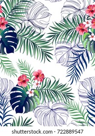 Seamless hand drawn  exotic vector pattern with green palm leaves and hibiscus flower.