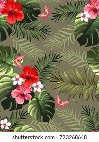 Seamless hand drawn  exotic vector pattern with green palm leaves and hibiscus flower.