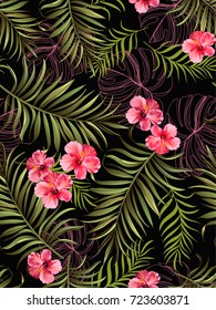 Seamless hand drawn  exotic vector pattern with green palm leaves and hibiscus flower.