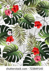 Seamless hand drawn  exotic vector pattern with green palm leaves and hibiscus flower.