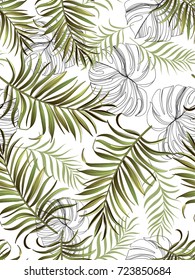 Seamless hand drawn  exotic vector pattern with green palm leaves.