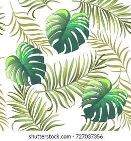 Seamless hand drawn  exotic vector pattern with green palm leaves.Template for print, textile,wallpaper cover and box design.