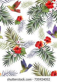 Diseño vectorial exótico dibujado a mano con hojas de palma verdes y flores de hibisco, pájaros.