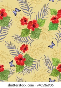 Seamless hand drawn  exotic vector pattern with green palm leaves and tropical flower.