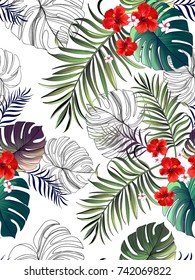 Seamless hand drawn exotic vector pattern with green palm leaves and hibiscus flower.