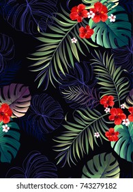 Seamless hand drawn exotic vector pattern with green palm leaves and hibiscus flower.