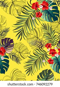 Seamless hand drawn exotic vector pattern with green palm leaves and hibiscus flower.