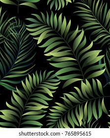 Seamless hand drawn exotic vector pattern with green palm leaves.