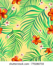 Seamless hand drawn exotic vector pattern with green palm leaves and hibiscus flower.