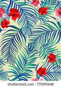 	
Seamless hand drawn exotic vector pattern with green palm leaves and hibiscus flower.