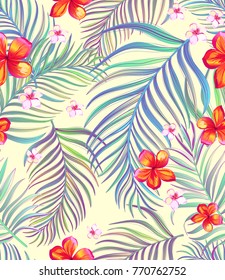 	
Seamless hand drawn exotic vector pattern with green palm leaves and hibiscus flower.