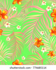 	
Seamless hand drawn exotic vector pattern with green palm leaves and hibiscus flower.