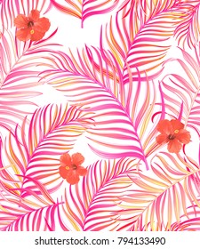 Seamless hand drawn exotic vector pattern with green palm leaves and hibiscus flower.