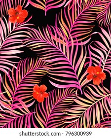 	
Seamless hand drawn exotic vector pattern with green palm leaves and hibiscus flower.