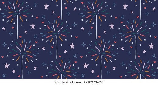 Um padrão de fogos de artifício sem costura desenhados à mão com estrelas e elementos de confete. Ideal para fundos decorativos, impressões de tecido, papel de parede, projetos de celebração e padrões de superfície.