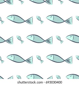Seamless hand drawn fish illustrations background, good for graphic design, wallpapers or booklets. Cartoon style vector graphic.