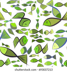 Seamless hand drawn fish illustrations background, good for graphic design, wallpapers or booklets. Cartoon style vector graphic.