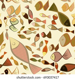 Seamless hand drawn fish illustrations background, good for graphic design, wallpapers or booklets. Cartoon style vector graphic.