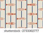 Seamless hand drawn fish pattern in Scandinavian style. Minimalist marine background with simple fish illustrations and vertical stripes. Perfect for textiles, wallpaper, kids design, packaging decor