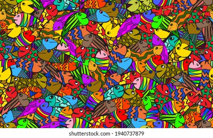 Patrón de peces dibujados a mano sin foco con colores festivos, ilustración vectorial.