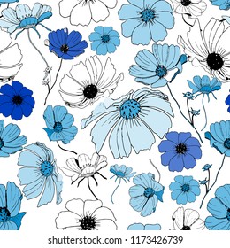 Seamless hand drawn floral background. Isolated blue and white flowers. Vector illustration.
