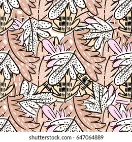 Seamless hand drawn floral leaf pattern with hand drawn shapes. Great for fabric and textile. Vector Illustration