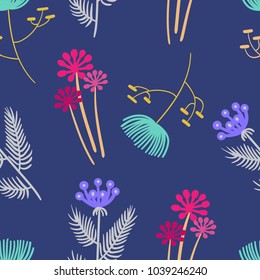 Seamless hand drawn floral pattern on dark blue background, abstract flowers