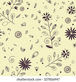 Seamless hand drawn floral pattern with violet ink elements over beige background