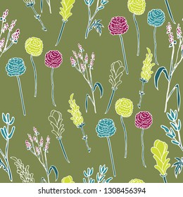 Seamless hand drawn floral pattern. Colorful herbs and flower in casual style. Botanical illustration. Simple floral pattern. Green background. For cloth, fabric, wrapping paper, home decor.