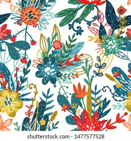 Seamless hand drawn floral pattern. Vector colorful background with different sketch flowers and leaves. Design for prints, shirts and posters.