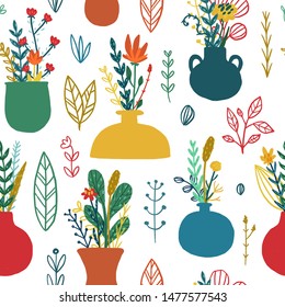 Seamless hand drawn floral pattern. Vector colorful background with different sketch flowers and leaves. Design for prints, shirts and posters.