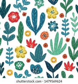 Seamless hand drawn floral pattern. Vector colorful background with different sketch flowers and leaves. Design for prints, shirts and posters.