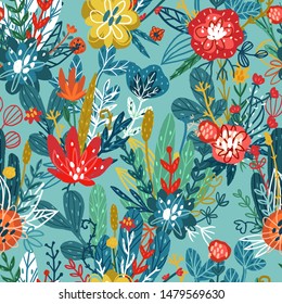 Padrão floral desenhado à mão sem costura. Vetor fundo colorido com diferentes flores de esboço e folhas. Design para gravuras, camisas e cartazes.