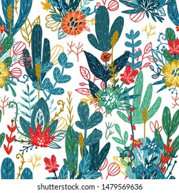 Seamless hand drawn floral pattern. Vector colorful background with different sketch flowers and leaves. Design for prints, shirts and posters.
