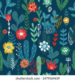 Seamless hand drawn floral pattern. Vector colorful background with different sketch flowers and leaves. Design for prints, shirts and posters.