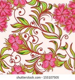Seamless hand drawn floral pattern with pink flower