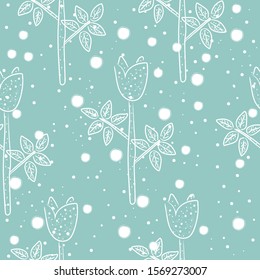 Seamless Hand Drawn Floral Pattern on Blue. Lovely Delicate Design. Repeating sweet design. Vector Illustration 