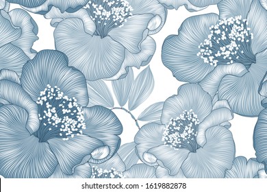 Seamless  hand drawn floral pattern with camelia flowers. Vector illustration. Element for design.