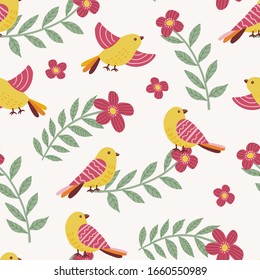 Seamless hand drawn floral pattern with flying and sitting birds. Spring and summer background for textile, fabric etc. Vector illustration