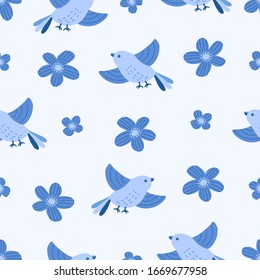 Seamless hand drawn floral pattern with flowers and flying birds. Spring and summer background for textile, fabric etc. Vector illustration
