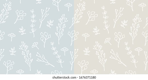 Seamless hand drawn floral pattern of various plants, leaves, berries twigs, grass and rose hip on light yellow and blue background. Doodle vintage vector design for fabric textile, wrapping paper