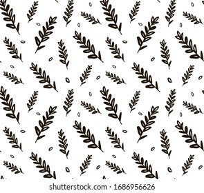 Seamless hand drawn floral pattern. Black twigs of a plant on white background. Print for wallpapers, covers, fabric, textile, wrapping paper. Doodle style.