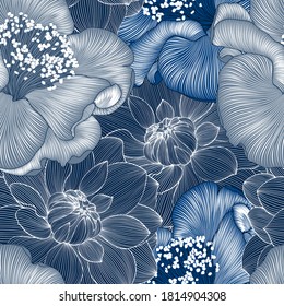 Seamless  hand drawn floral pattern with camelia and dahlia flowers. Vector illustration. Element for design.